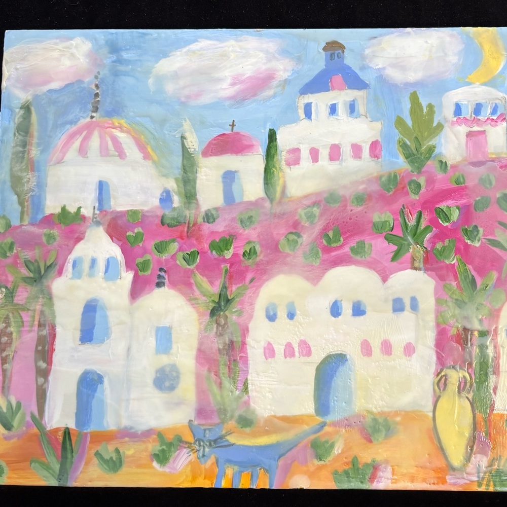 “Island Village “An Encaustic Wax And Oil  Original Painting 14”x11”x1”On Wood